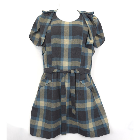 Nine West Shift Dress Plaid Gray Teal Belted Pedal Sleeves Women 14 Academia - Picture 3 of 15